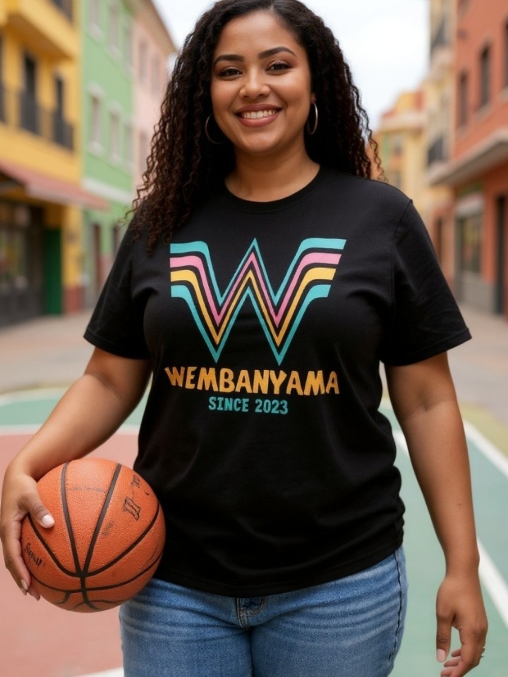 Size 3XL Wemby Graphic Tee - Black with Teal, Pink & Mustard Logo